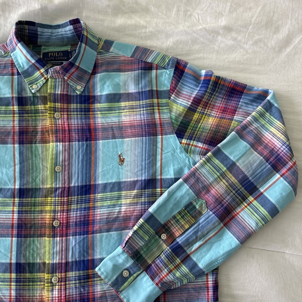 Polo Ralph Lauren Shirt Madras Plaid Blue Men's Large Long Sleeve Button Classic